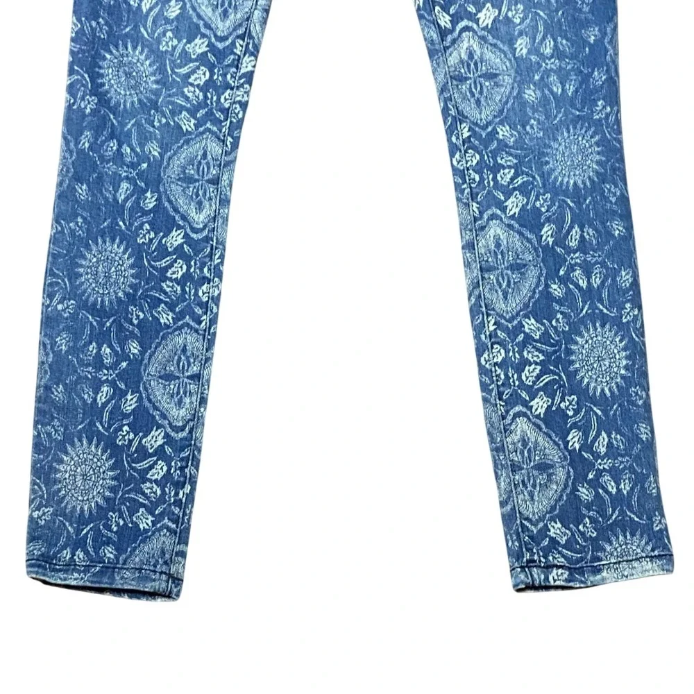Free People Floral Paisley Skinny Jeans Blue Low Rise Stretch Denim Boho Size 24